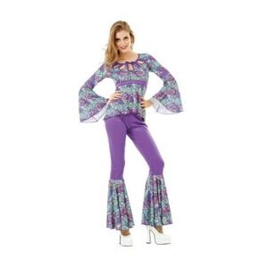 Hauntlook Disco Diva 70s Costume Women XL Purple Paisley BellBottoms 2pc Set NEW